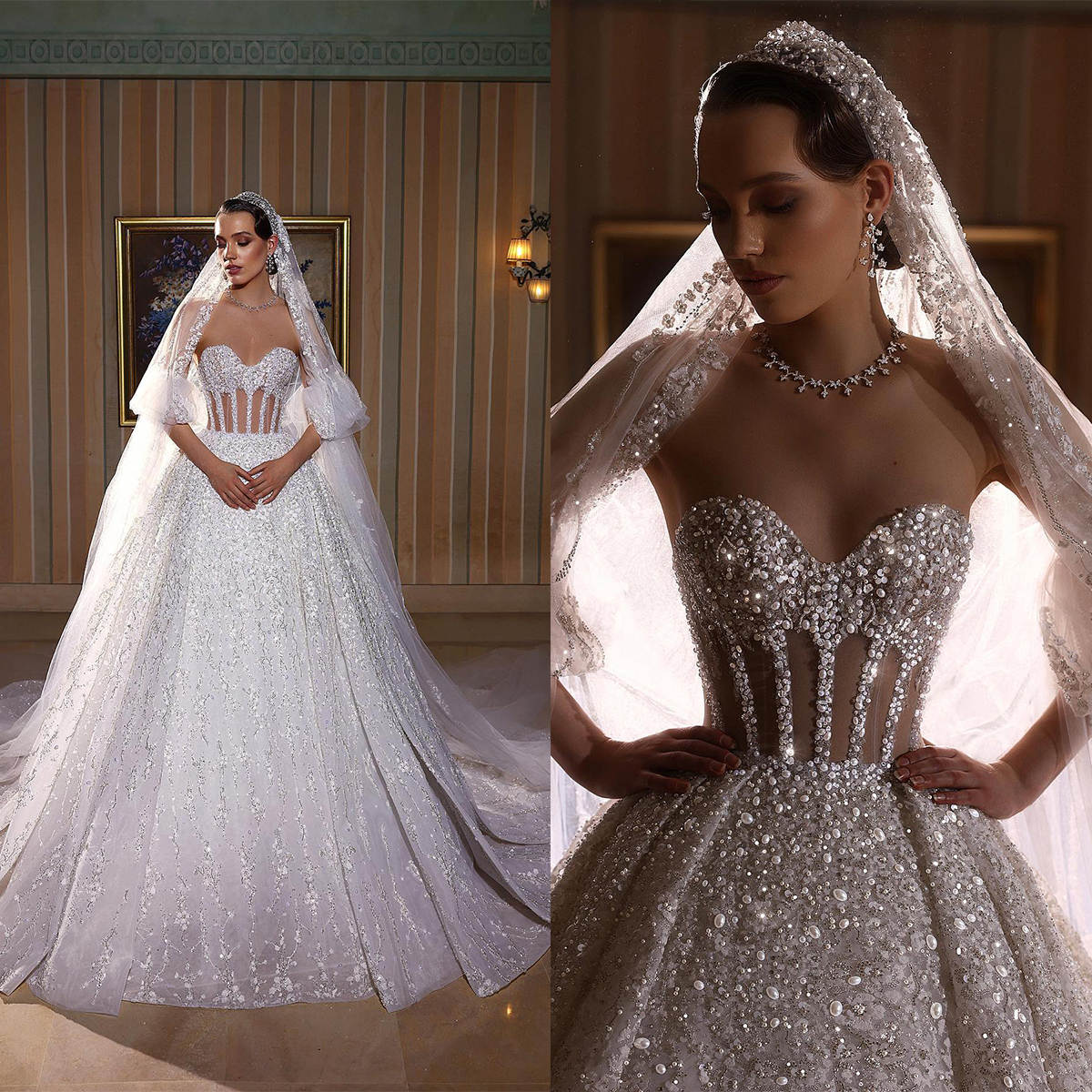 Luxury Ball Gown Beaded Pearls Sequins Strapless Bride Gowns Beading Sleeveless Wedding Dress Formal Occasion Custom Made