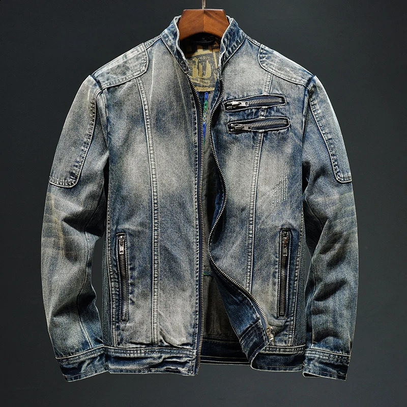Autumn Nostalgic Motorcycle Denim Clothing Mens High end Retro Zipper Fashion Slimming Vertical Collar Handsome Jacket 240808