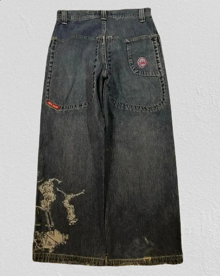 Pants Mens Haruku Hip-Hop Gothic Skateboarding Boy Graphic Embroidery Jeans Retro Blue Pocket Torn Trouser240813