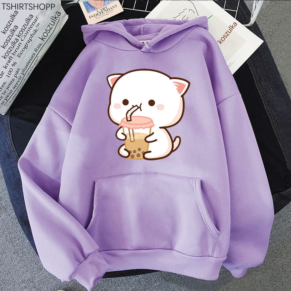 Hoodies Women's Peach And Rubber Haruku Kawaii Sweatshirt Cat Drink Milk Tea Autumn Winter Plus Size Pullover Unisex Clothes