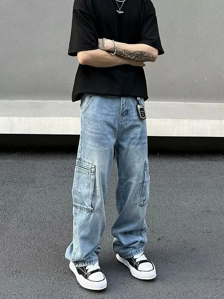 Ropa Y2K Fashion Multi Pockets Washed Blue Baggy Jeans Cargo Pants For Men 90S Vintage Clothes Straight Denim Trousers 240814