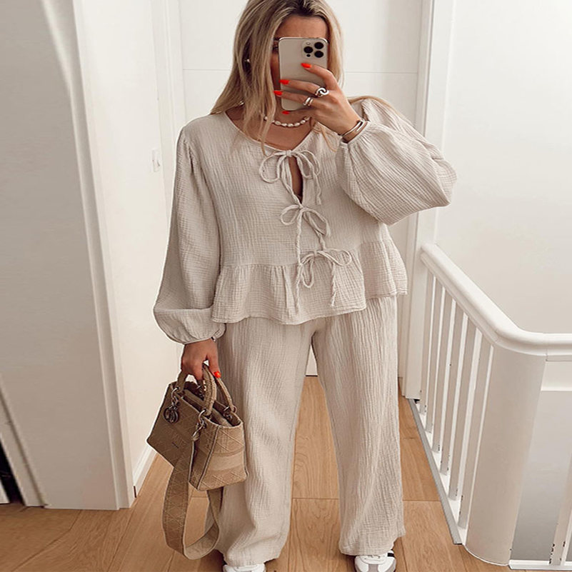 Casual Solid Womens Two-piece Set Lace Up O-neck Long Sleeve Blouse And Straight High Waist Pants Suits Women Spring Office 240813