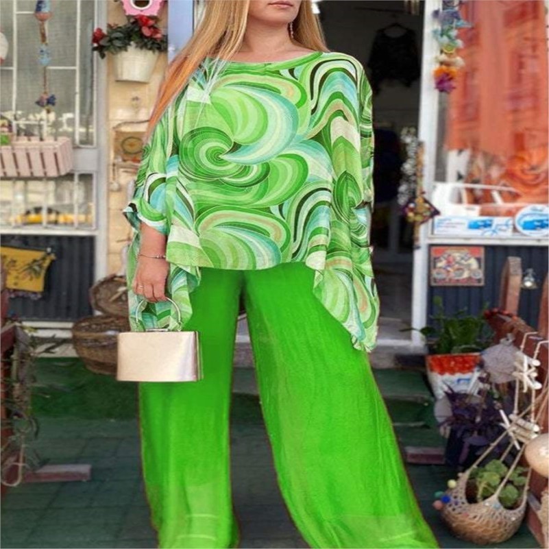 Summer Fashion Printed Chiffon Two Piece Sets 2024 Women Casual Loose Chiffon Blouse Wide Leg Pants Two Piece Set Women 240813