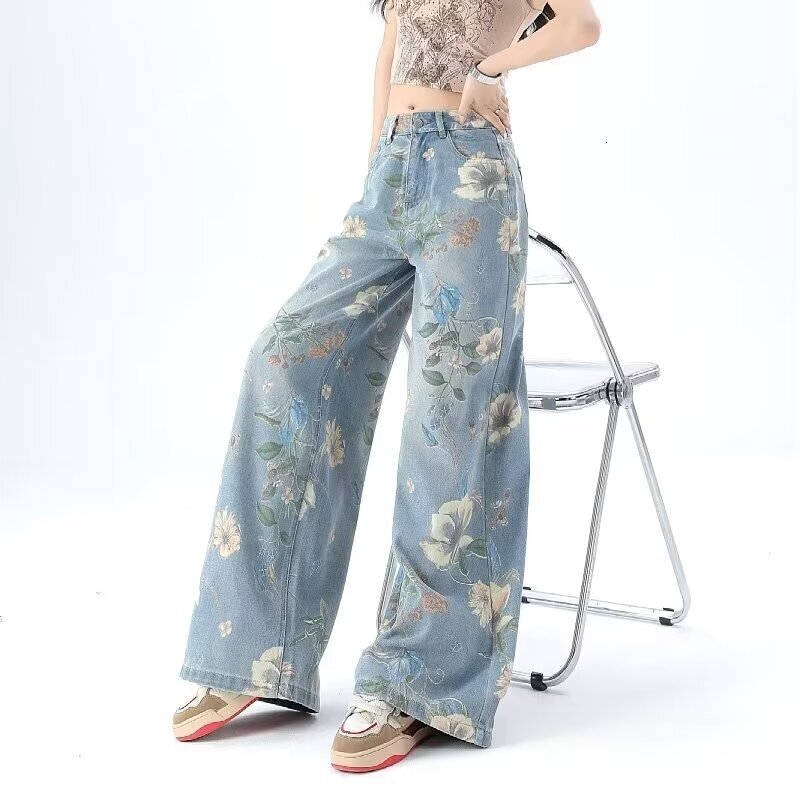American printed wide women's designer jeans, 2024 summer new high waisted slim fit loose straight leg pants