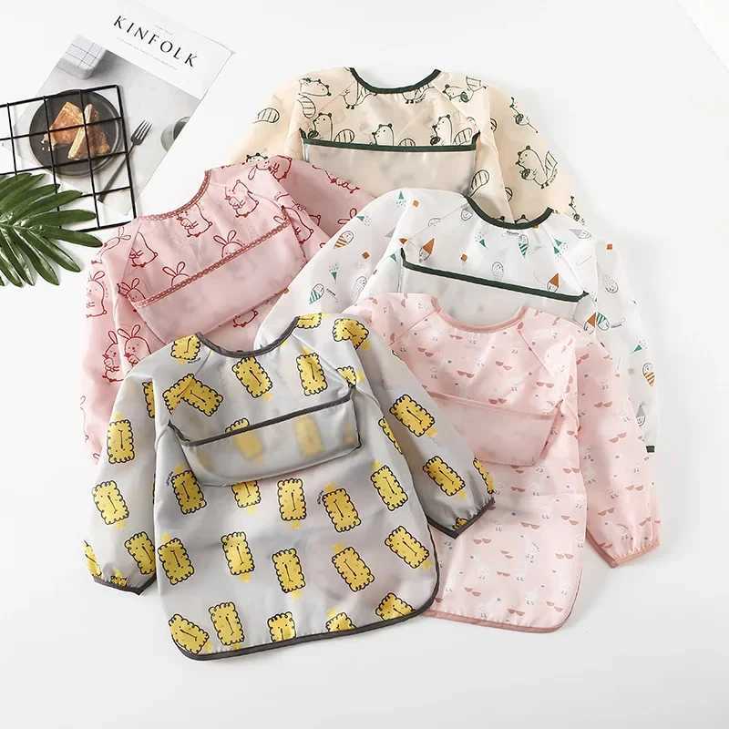 Bibs Burp Cloths Baby Bandana Bibs Burp Cloths Colorful Cartoon Bibs Waterproof Infant Eating Children Drawing Long Sleeve Apron Kids Feeding BibL4812
