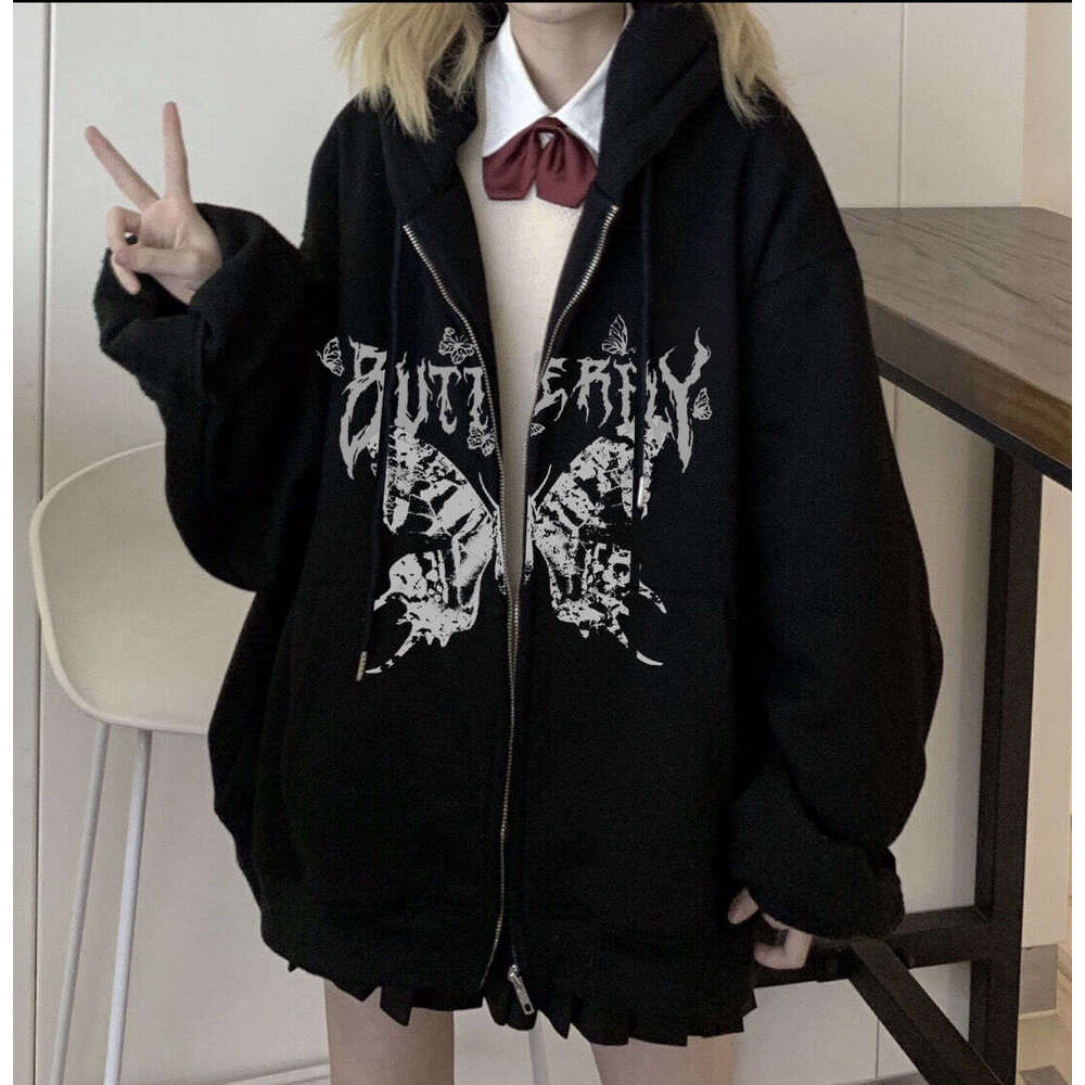 Loose 90s Long Sleeved Women Zipper Sweatshirt Y2K Hip Hop Style Punk Gothic Zip Hoodie Female Plus Size Jacket Coast