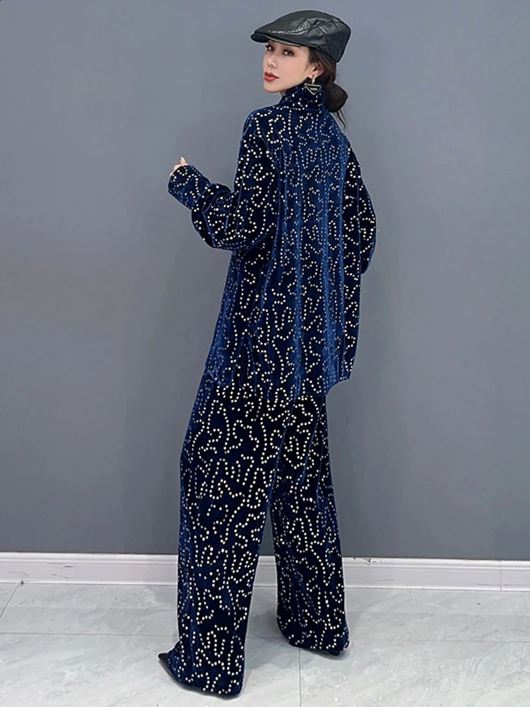 SHENGPALAE Fashion Women Two Pieces Sets Sequins Spliced Lapel Temperament Tops Versatile Wide Leg Pants Autumn 2024 5R7047 240813