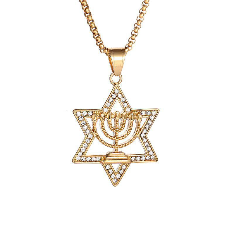 Star of David Hexagram Pendant Necklace Full Zircon Real Gold Plated Mens Jewelry