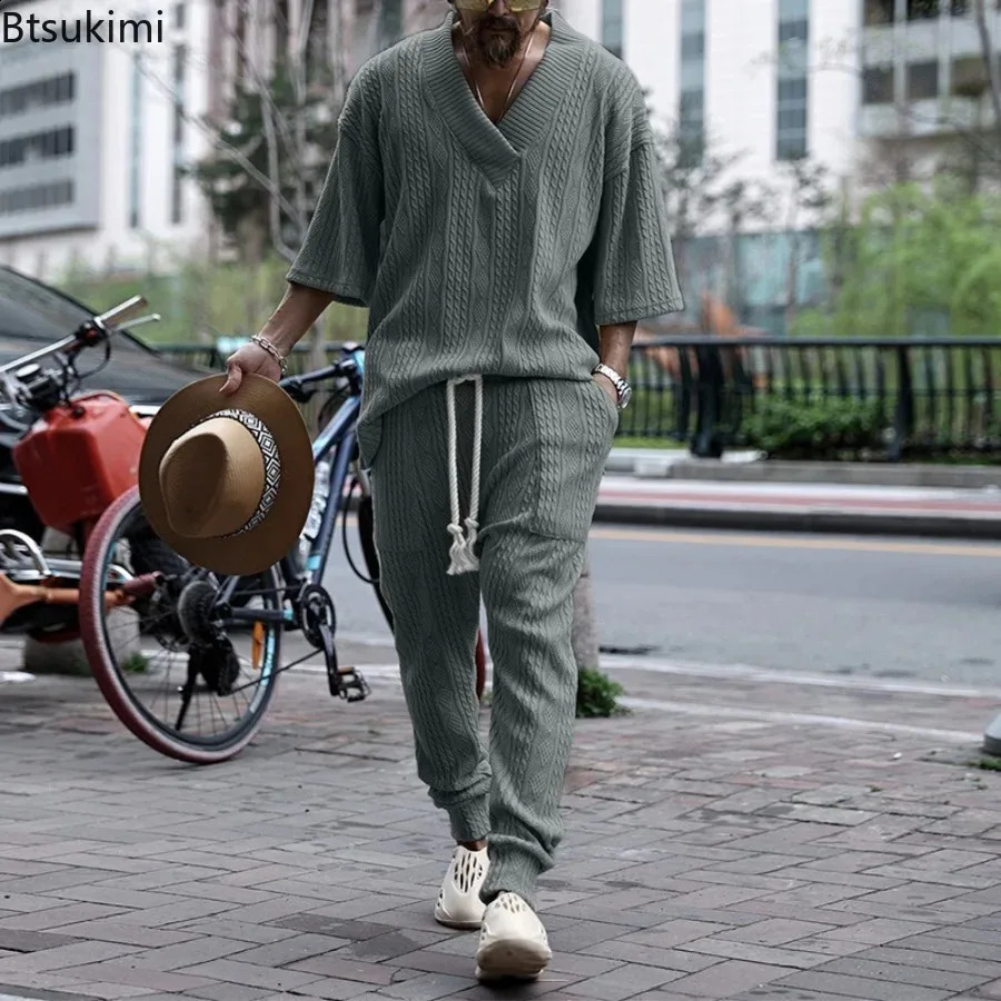 2024 Mens Casual Pants Sets Knitted Two Pieces Suit Sets Male V-Neck Tops And Pants Slim Streetwear Jacquard Sweater Outfits 240813