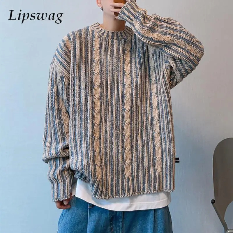 Fashionable mens knitted floral top retro Y2K striped crochet sweater mens fashionable long sleeved knitted T-shirt 240829
