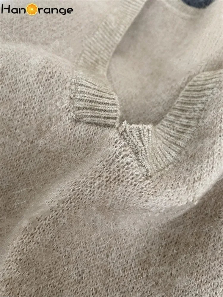HanOrange 2024 Autumn Winter Simple Soft Mohair V-neck Sweater Women Knitted Vest GreyOat 240813