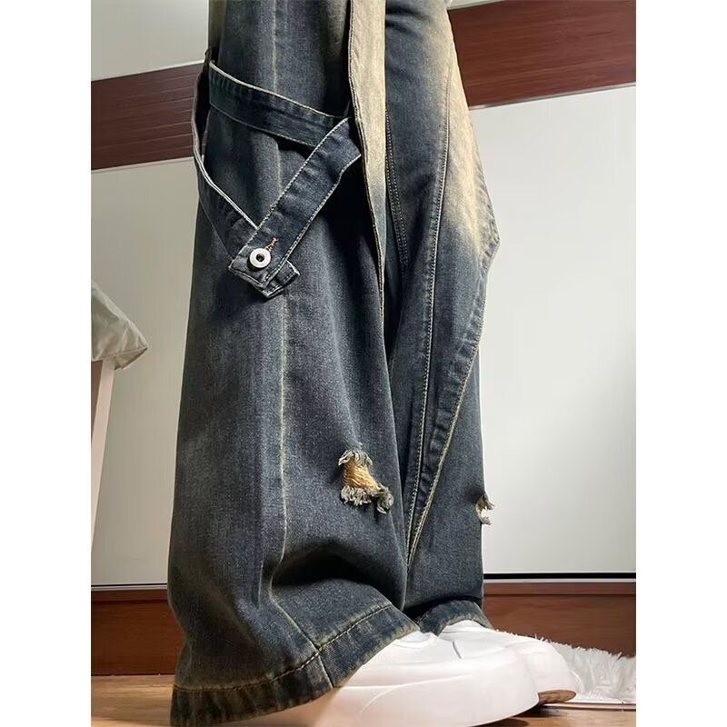 Washed distressed jeans, trendy hip-hop men's niche design, straight leg pants, American high street style