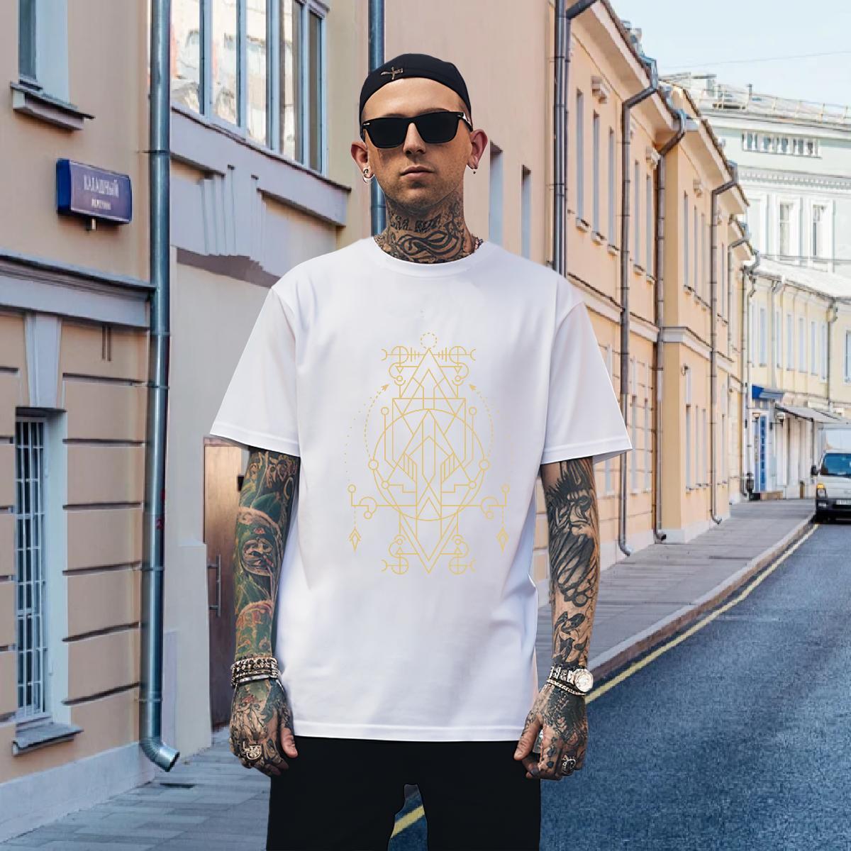 Man T Shirts 230g 100% Cotton Geometric line Summer Casual Round Neck Short Sleeve Cartoon Printing L-4XL Men Tops Tees 2024 Summer Classic Tops Shirt