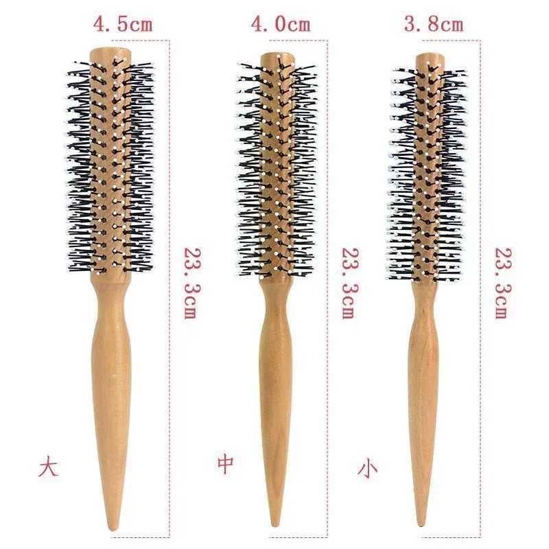 Mini round nylon hair brush with curly styling comb suitable for thin or short haired men with wooden handle W240813