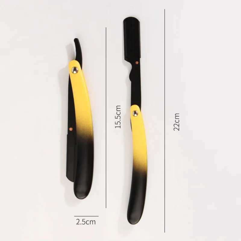 Stainless Steel Straight Edge Razor Yellow ABS Handle Barber Shop Beard And Hair Trimmer Portable Manual Folding Shaving HolderM240814