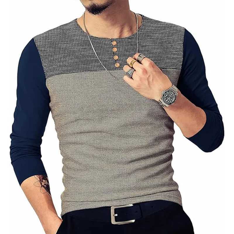 Mens Slim Fitted Casual Long-Sleeve Button T-Shirts Contrast Color Stitching Top TeesM240814