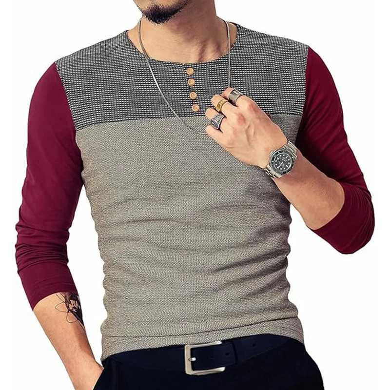 Mens Slim Fitted Casual Long-Sleeve Button T-Shirts Contrast Color Stitching Top TeesM240814