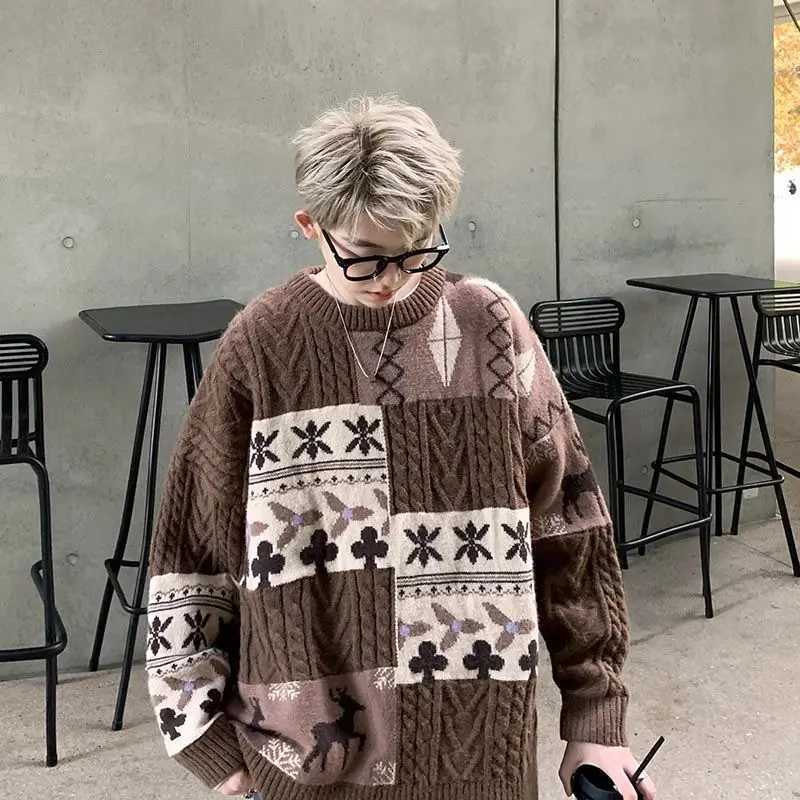 Korean lightweight brown sweater lazy high-end mens autumn and winter loose mens knitted jacket oversized topW240729