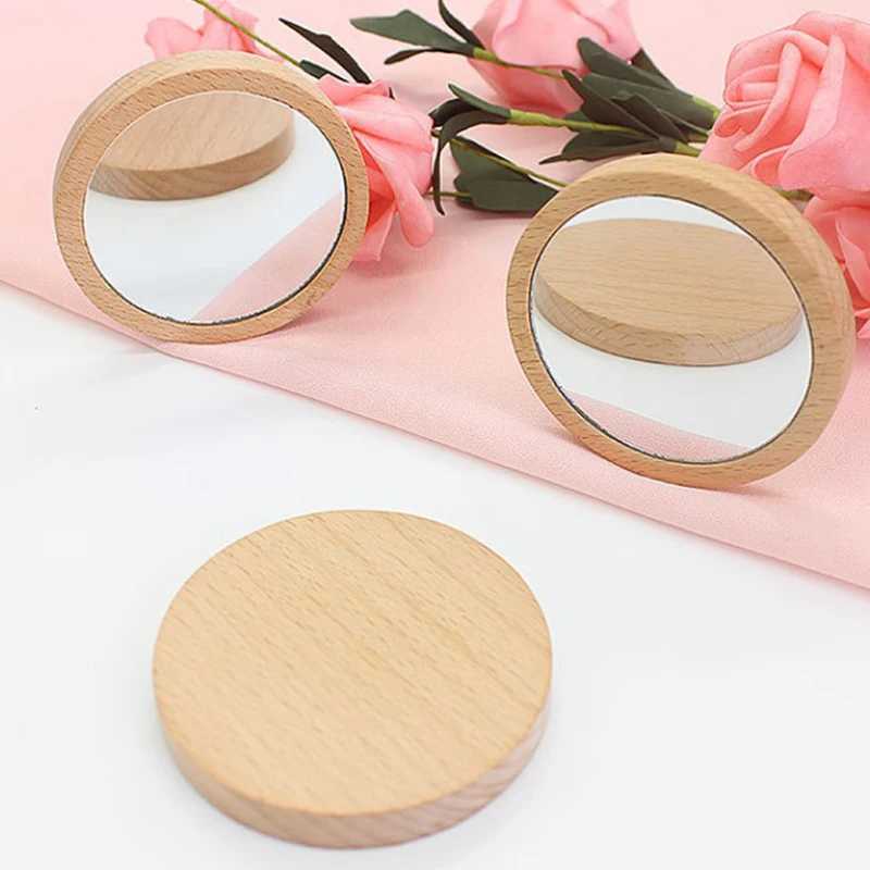 1x Wooden Makeup Mirror Portable Round Mirror Handheld Simple Makeup Mirror W240813