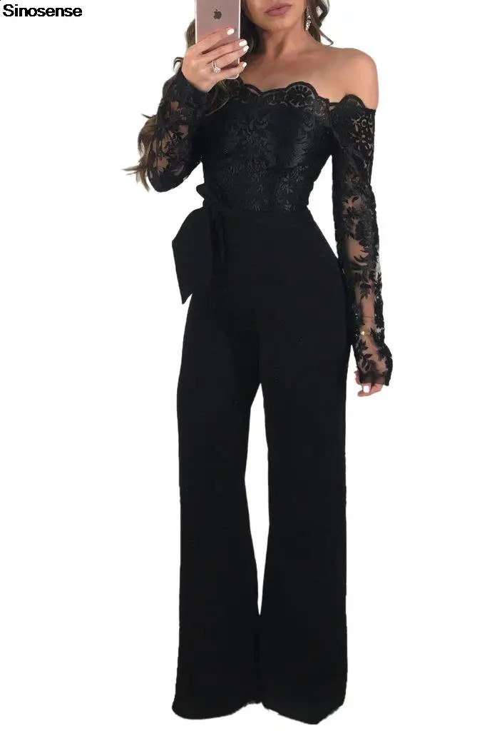 Womens Elegant Off Shoulder Long Pants Wide Leg Jumpsuits Floral Embroidery Lace See Through Cocktail Club Party Evening Rompers 240813