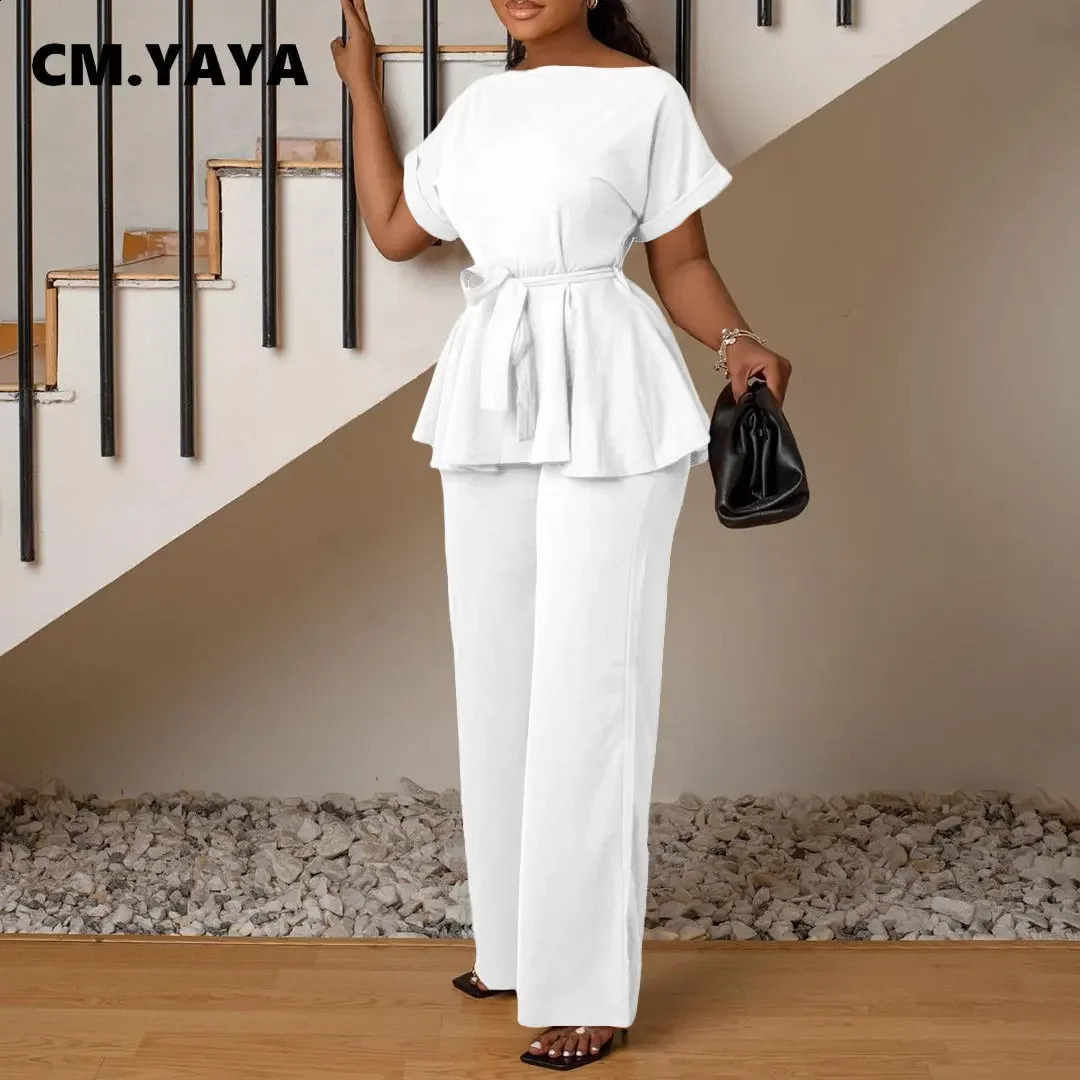CM.YAYA Vintage Chic Womens Set Short Sleeve Slash Neck T-shirt and Wide Leg Pants Suit Two 2 Piece Set Outfits Tracksuit 240813