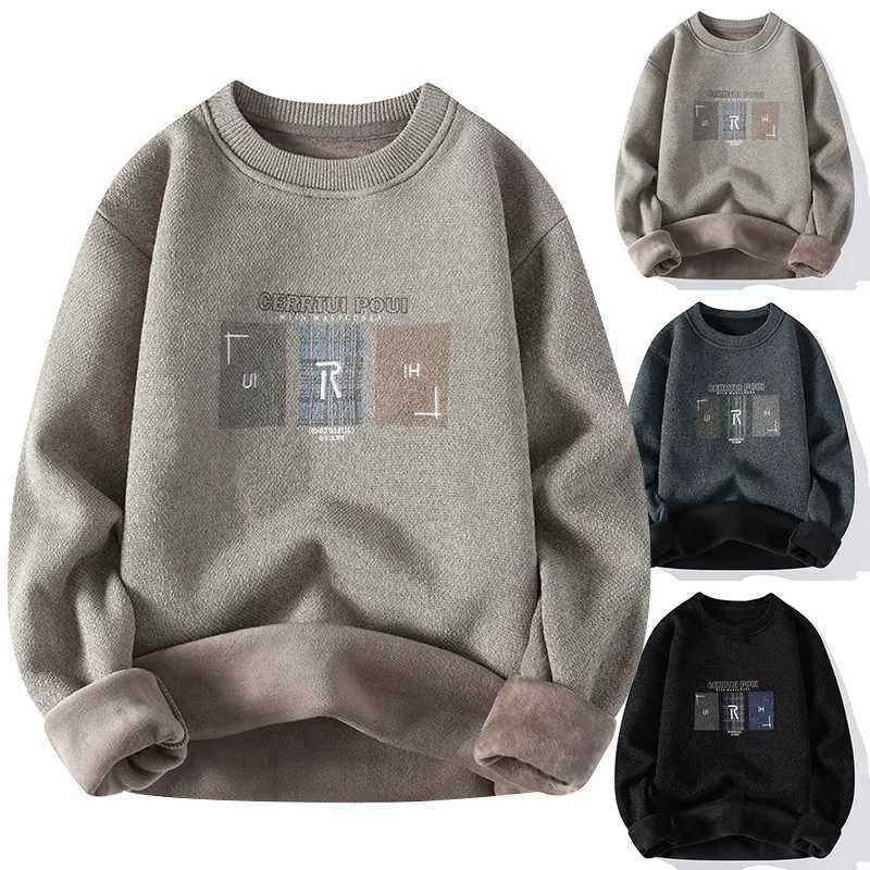 2023 autumn and winter mens plush thick sweater loose casual Korean version warm and layered knitted sweaterW240729
