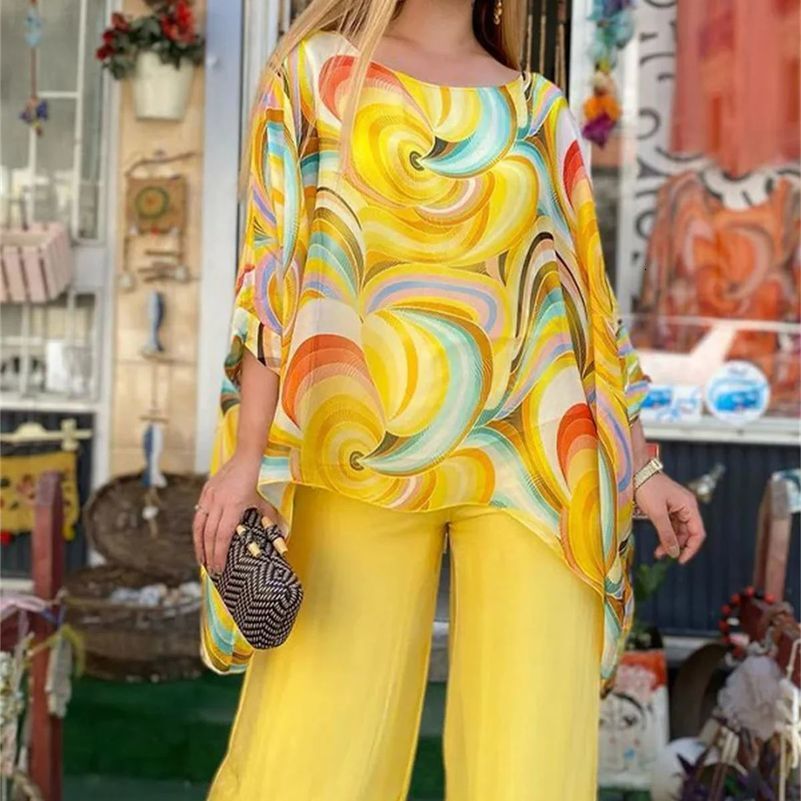 Women Printed Two Piece Set O-neck Three Quarter Printed Irregular Top Loose Solid Wide-leg Pants Casual Commuting 2 Piece Sets 240813