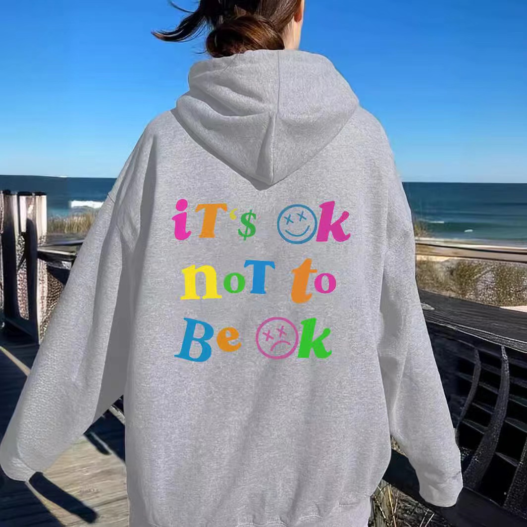 2024 Independent Station Foreign Trade Women's Plush Hoodie Solid Color Letter Printed Kangaroo Pocket Drawstring Printed Hoodie