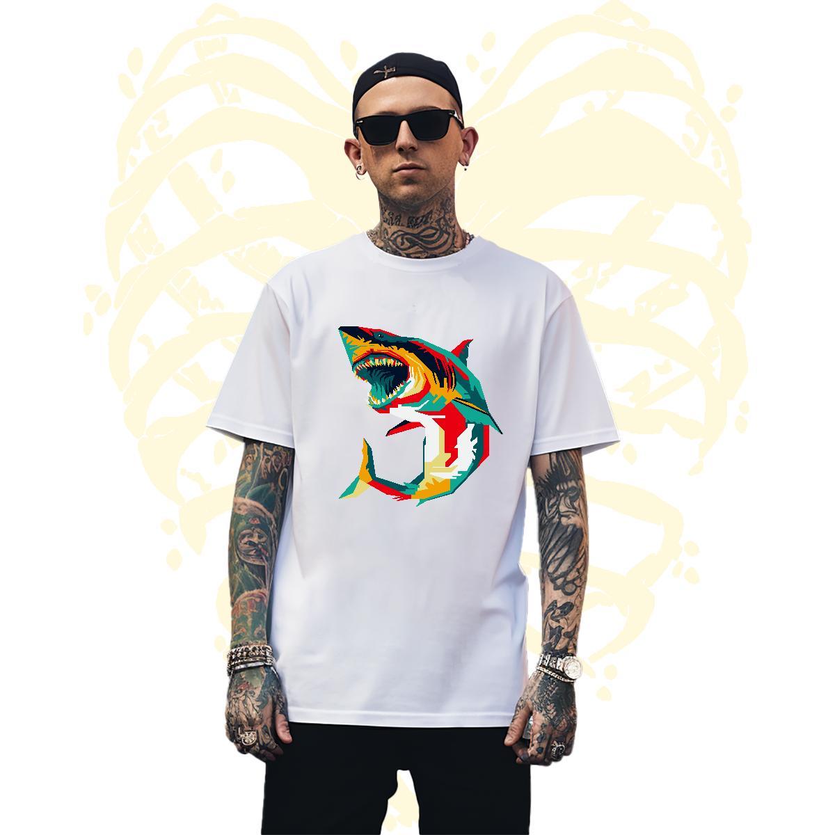 Classic Men T Shirts shark Short Sleeve O-Neck Casual Beach Oversized 230g Cotton Tshirt for Man Woman 2024 DIY Polos