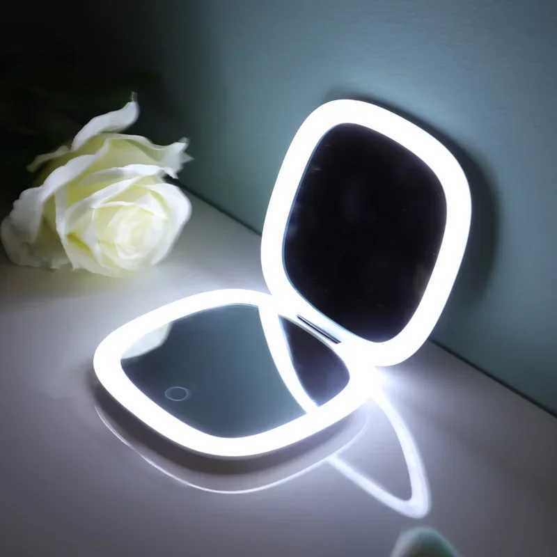 USB charging folding portable LED makeup mirror touch screen dimming handle with 10X magnifying travel makeup mirror W240813