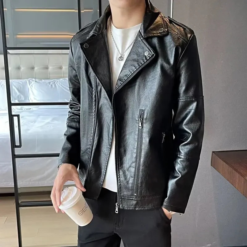 Trendy Korean Style Spring Autumn Mens Leather Jacket Slim Fit Casual Clothing Washing Pu Leather Biker Jacket For Men 240814