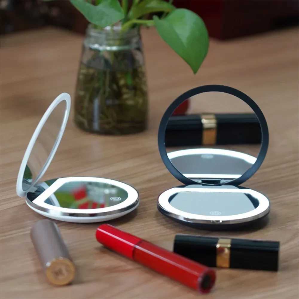 Handheld portable makeup mirror with LED double-sided mirror 5x magnification and charging W240813
