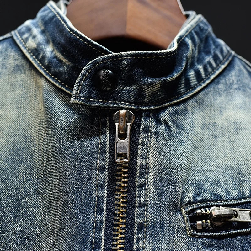Autumn Nostalgic Motorcycle Denim Clothing Mens High end Retro Zipper Fashion Slimming Vertical Collar Handsome Jacket 240808