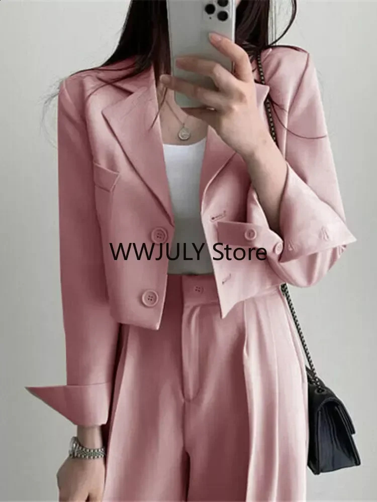 Two Piece Sets Women Outifits Cropped Blazer Fall Office Lady Pants Sets Long Sleeve Fashion Coat Black High Waisted Pants 240813