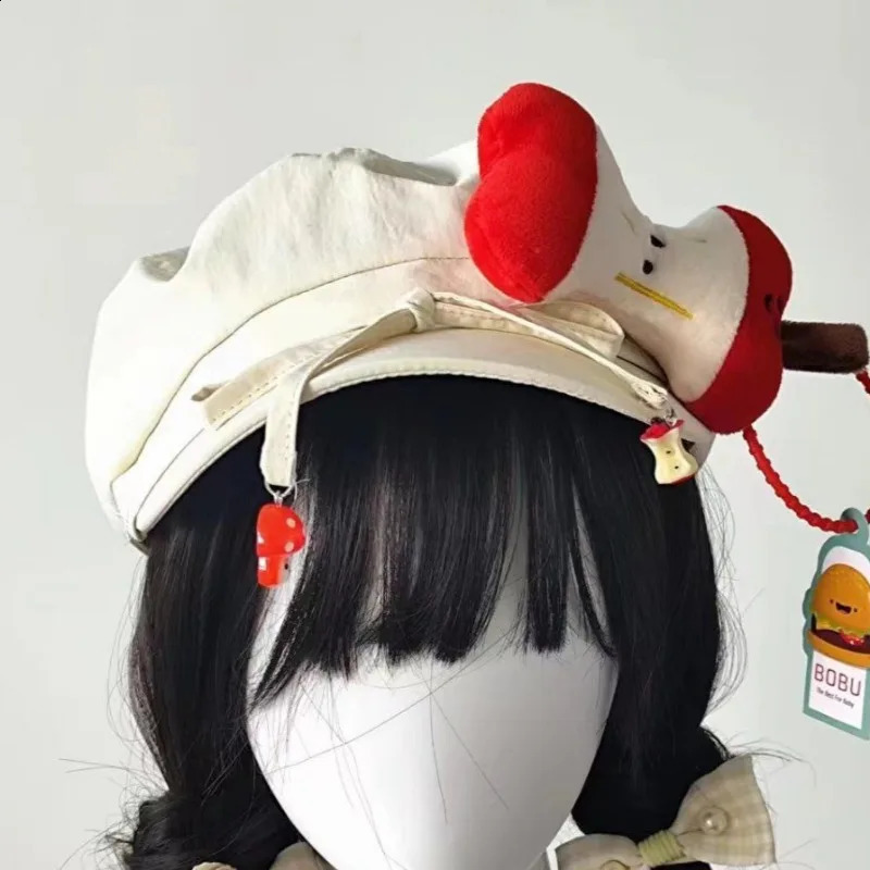 Japanese Kawaii Apple Decoration Beret Hat for Women Sweet Cute Y2k Lolita JK Girls Student Vintage Artist Painter Beige Bow Cap 240805