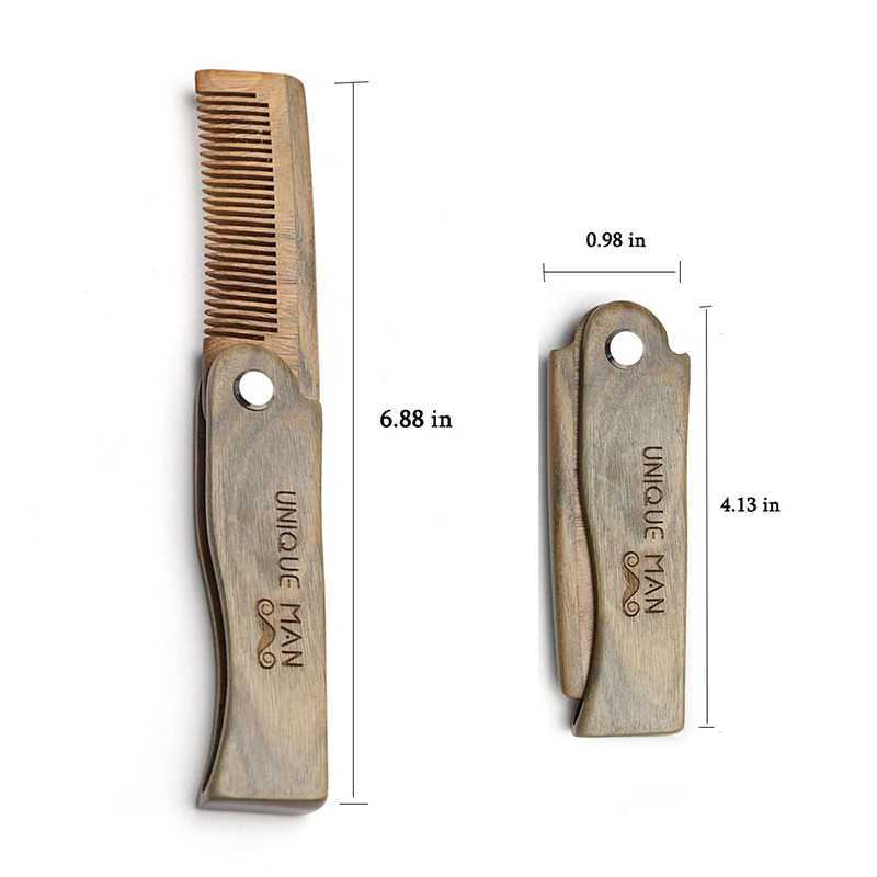 Folding wood beard comb mens natural sandalwood beard mustard hair comb salon hairdressing styling tools accessories W240813