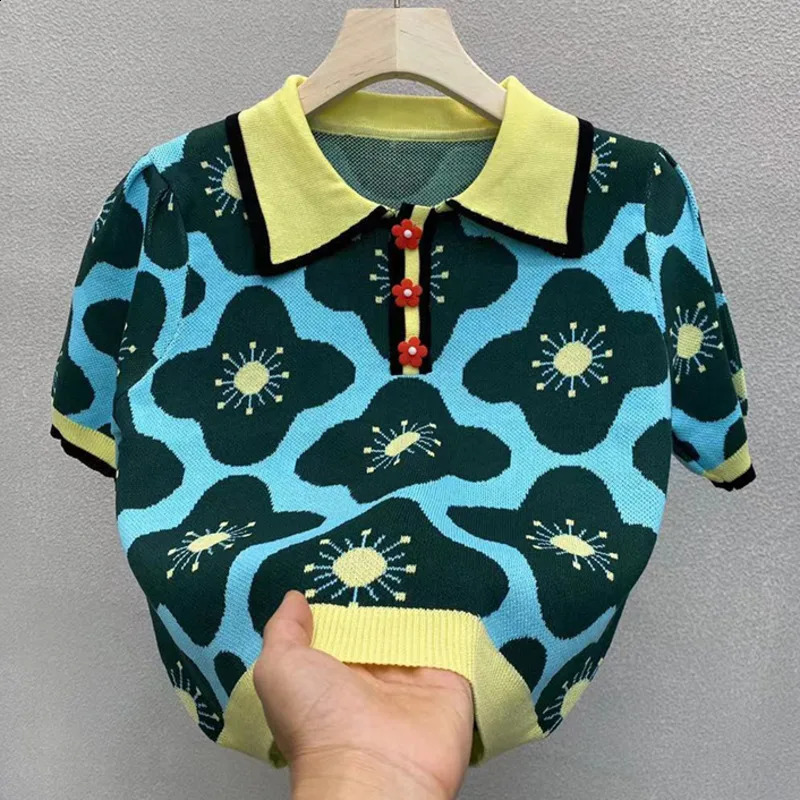 Summer Vintage Contrast Flower Jacquard Puff Sleeve Knitted Sweater Women Chic Button Thin Pullover Crop Top Pull Femme 240813