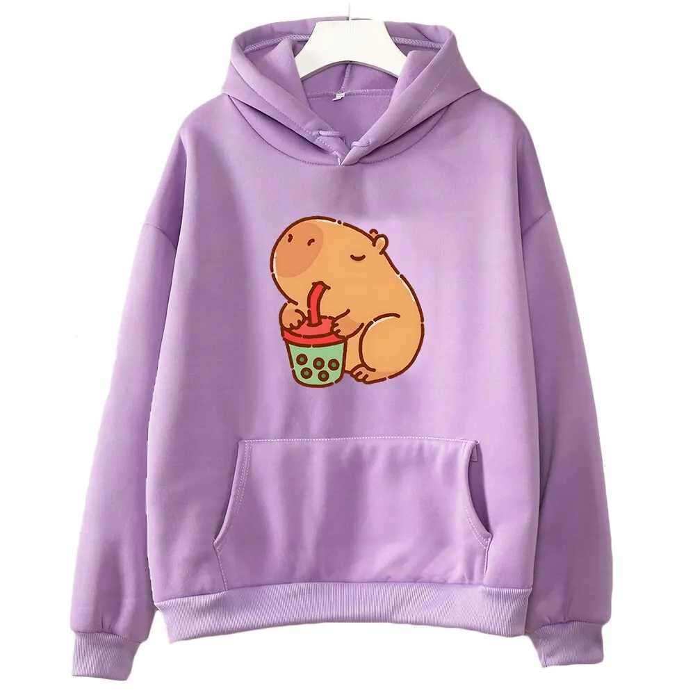 Capybara Drink Bubble Tea Hoodie Kawaii Animal Cartoon Graphic Sweatshirt Kids Clothes Girl Long Sleeve Hooded Boys Top HarajukuY240814