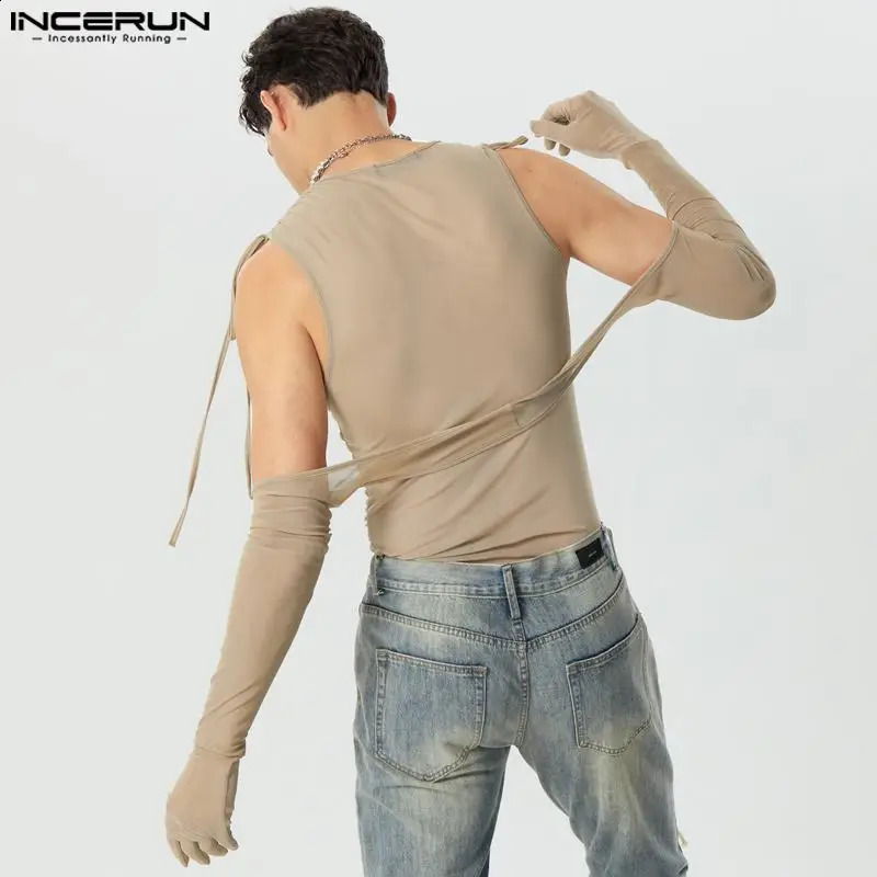 Men T Shirt Mesh Transparent Lace Up Pleated Irregular Tee Tops Streetwear Solid Off Shoulder Long Sleeve Camsietas INCERUN 240814