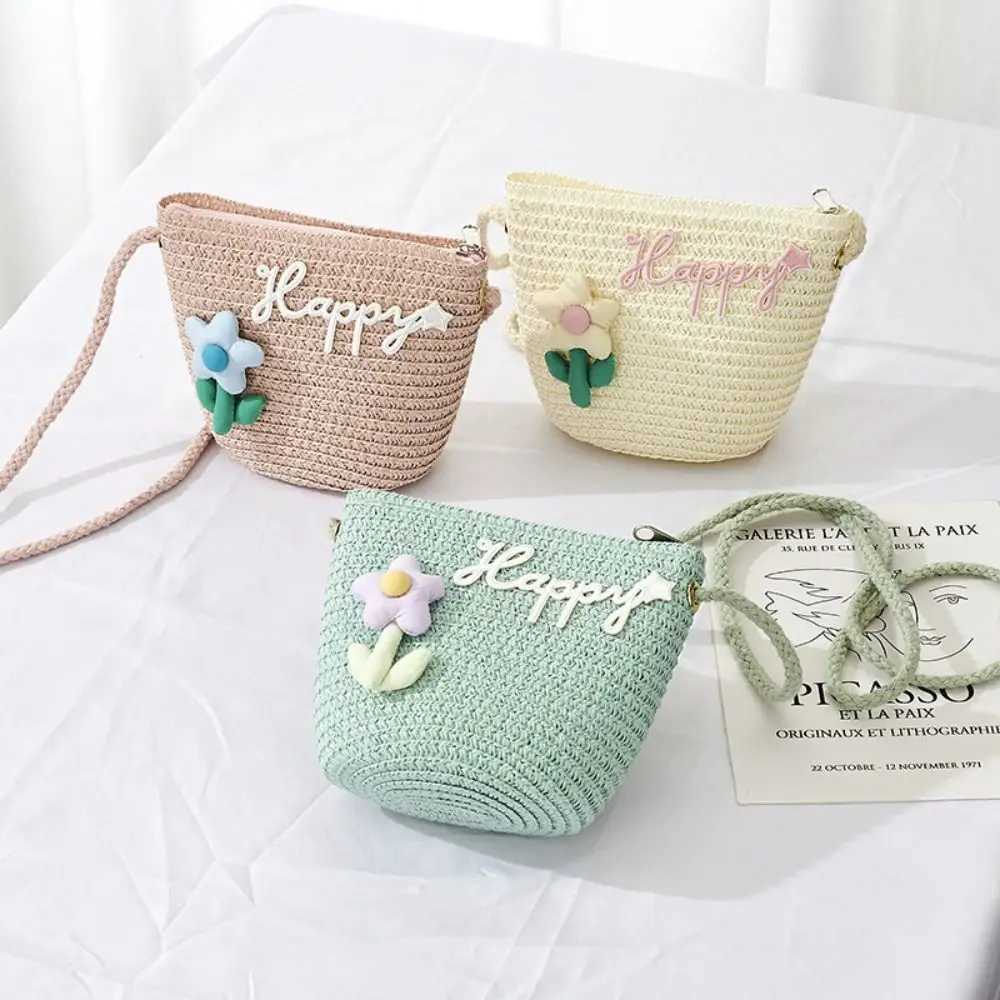 Cute childrens straw shoulder bag flower baby girl small bucket cross bag childrens mini coin wallet beach handbag W240813