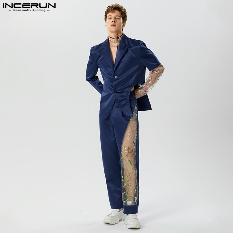 INCERUN Fashion Well Fitting Mens Sets Long Sleeved Suit Jackets Pants Patchwork Lace Flower Hollowed Two-piece Sets S-5XL 2024 240813