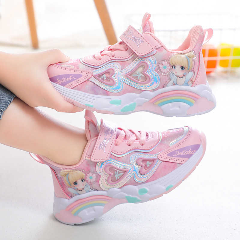 Sneakers Girls sports and leisure childrens leather single shoes 2023 Spring and Autumn Mid to Large Childrens Princess Running Shoes Trend H240805