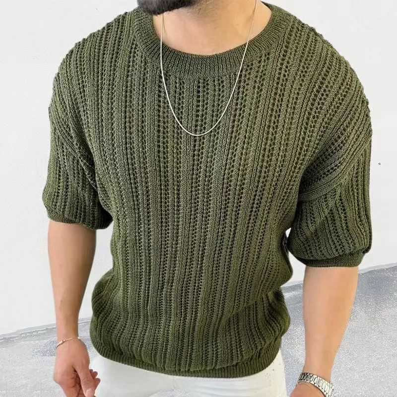 Spring Knitted Custom Mens Triple Sweater Slim Fit O-Neck Solid Hollow Mesh Mens Pulling Flower Autumn Long Sleeve Elastic TopW240729