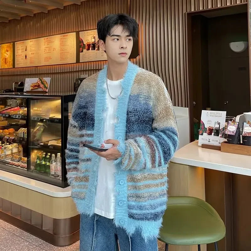 Winter Irregular Knitted Sweaters Man Loose Stripe Cardigan Color Block Oversized Sweater Woman Y2K Harajuku Knit Coats Tops 240821