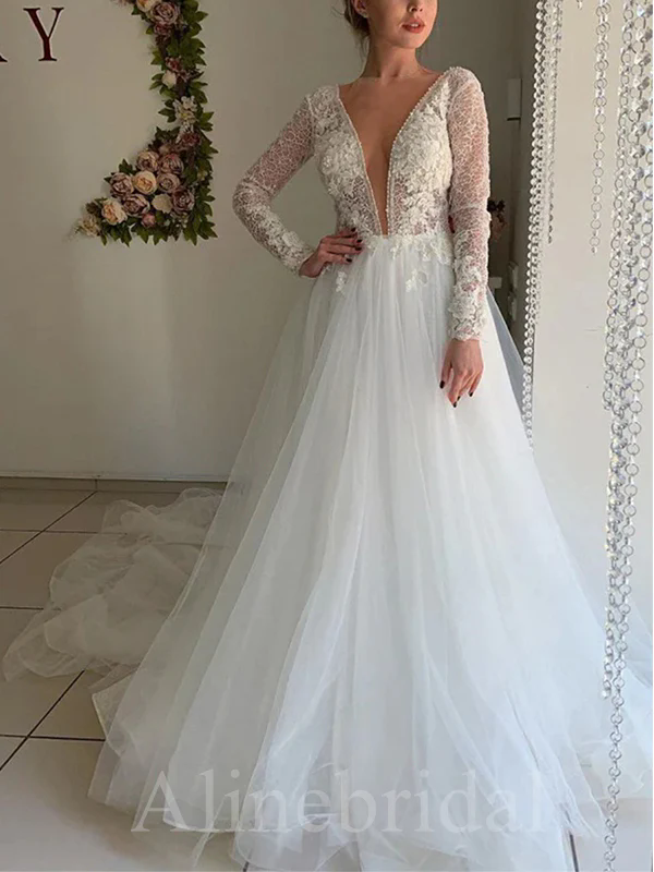 2024 V Neck Tulle Wedding Dresses Long Sleeve Sequins Lace AppliquesA l line Beads Backless Wedding Dress Robes De Plus size