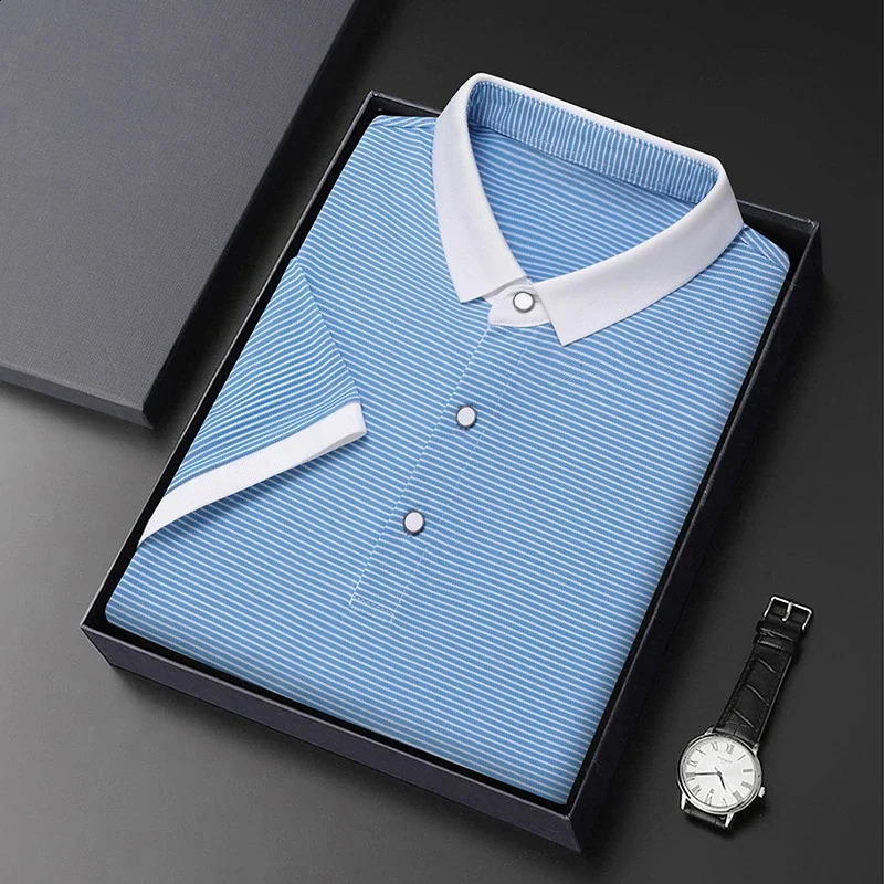 2024 Mens Striped Cotton Business Casual Short Sleeved POLO Shirt Fashion Short Sleeved Comfortable and Breathable Top o240814