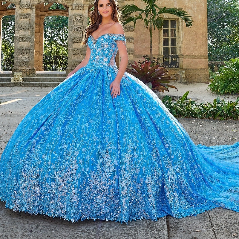 Sky Blue Shiny Ball Gown Quinceanera Dresses Off The Shouler Appliques Lace Flower Beaded Tull Party Gowns Vestidos 15 XV Anos