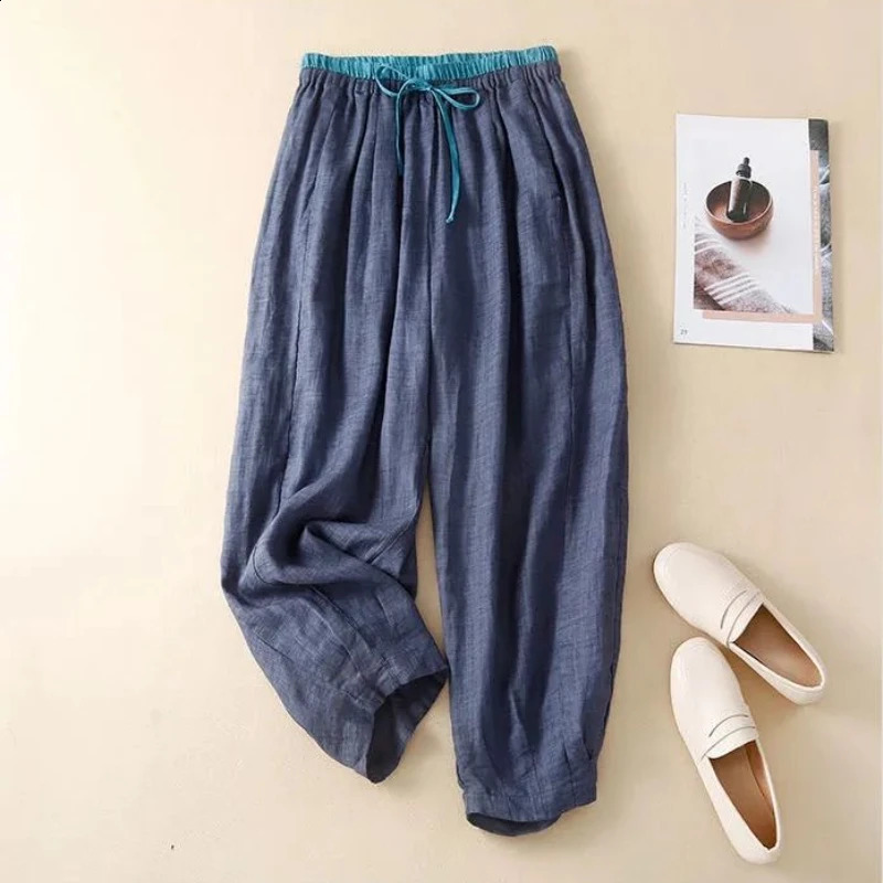 Loose Harem Pants for Womens High Waisted Cotton Linen Casual Womens Pants Thin Comfort Elastic Waist Drawstring Cropped Pants 240813