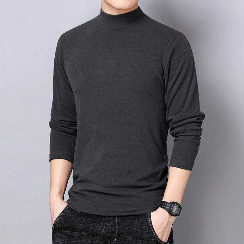 Autumn Winter Men Warm T-shirt New Double Sided Fleece Half High Collar Long Sleeve Casual Solid Elastic Male Clothing Basic TopM240814