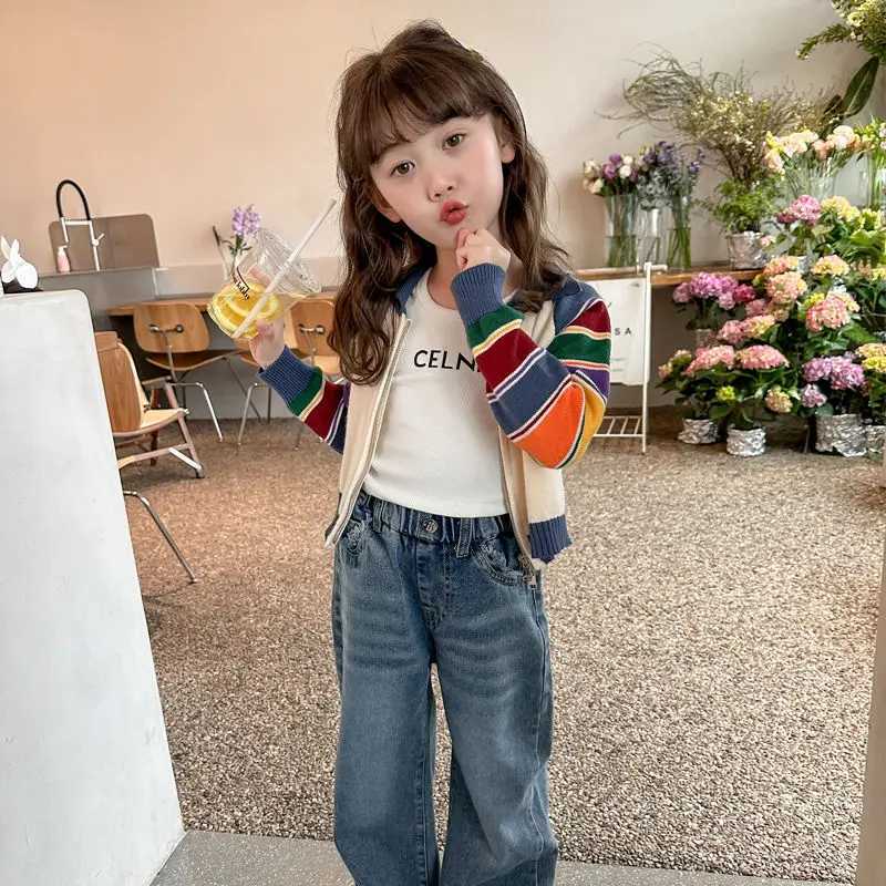 Autumn and winter fashion Korean Kawaii girls cardigan wool sweater patchwork childrens top casual long sleeved sweater cute Y2K childrens clothing W2